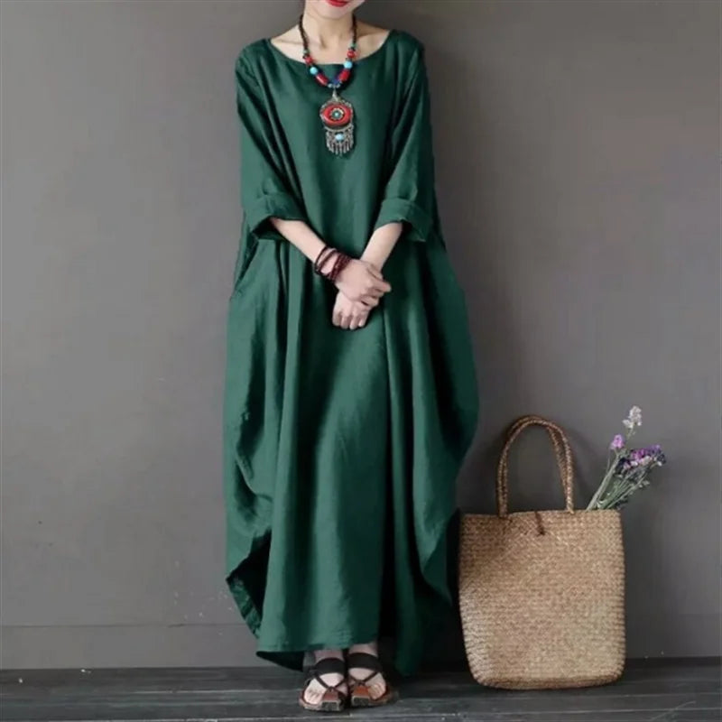 2022 Spring New Loose Size round Neck Mid-Sleeve Large Swing Cotton and Linen Long Dress