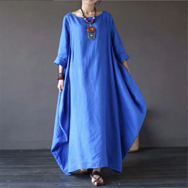2022 Spring New Loose Size round Neck Mid-Sleeve Large Swing Cotton and Linen Long Dress