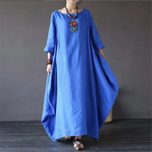 2022 Spring New Loose Size round Neck Mid-Sleeve Large Swing Cotton and Linen Long Dress
