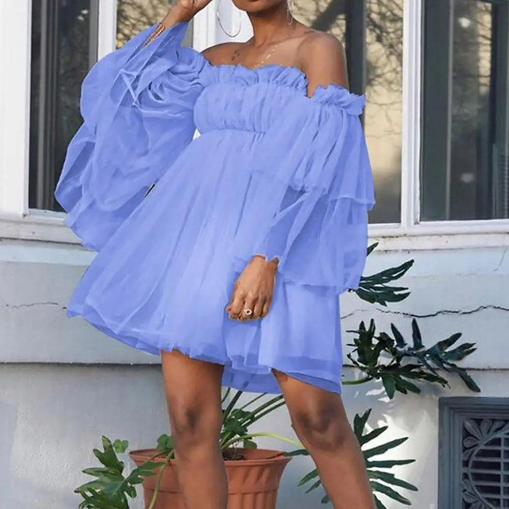 Sweet Style Dress High Waist Tube Top Dress Elegant off Shoulder Mesh Layered A-Line Dress with Long Sleeves for Women for Prom