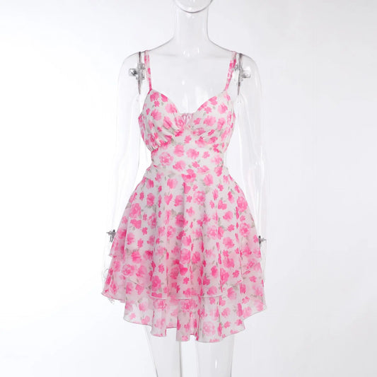 Fashion Casual Sleeveless V-Neck Dress for Women Sexy Short Floral Summer Dress Lace-Up Patchwork Backless Y2K Women Clothing