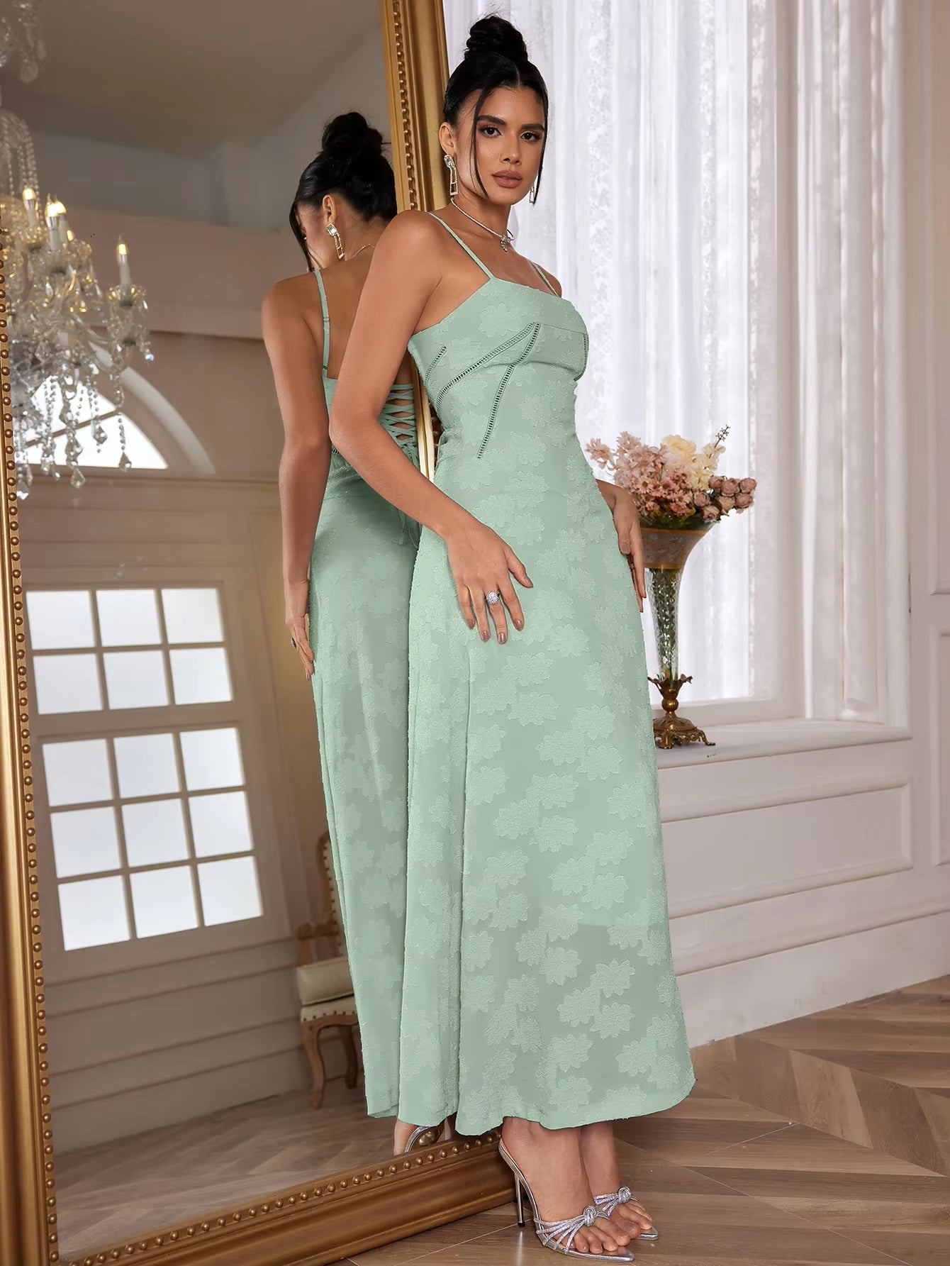 Dropshipping Summer Elegant Maxi Dress 2024 Women Wedding Guest Dress Lace up Party Dresses Green Spaghetti Strap Long Dress