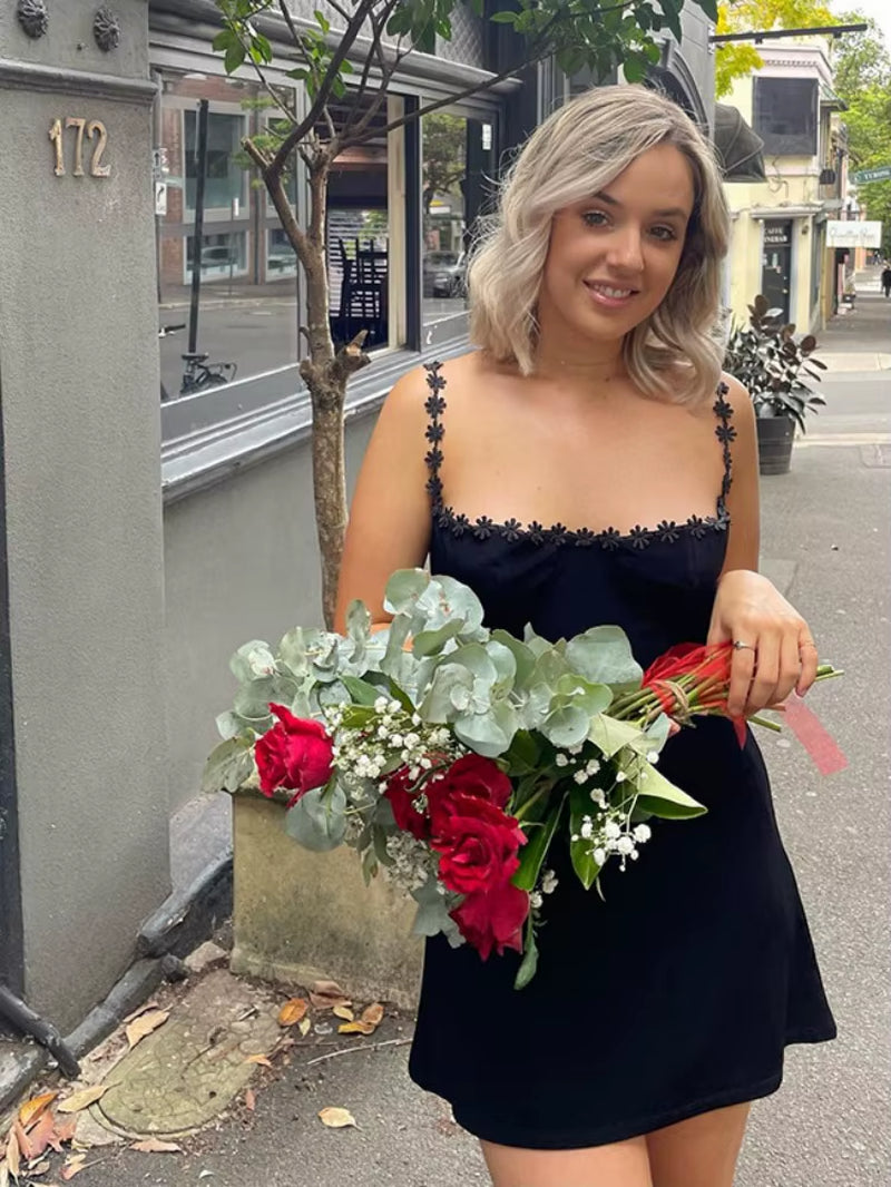 Bodycon Summer Dress for Women Y2K Clothes Slash Neck Vestidos Elegantes Para Mujer Flower Straps Black Camisole Sexy Streetwear